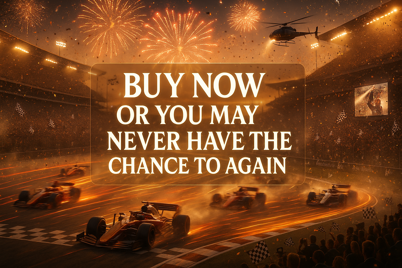Create a photo with the most astonishing Formula 1 atmosphere know to man kind and in the middle it says buy now or you may never have the chance to again