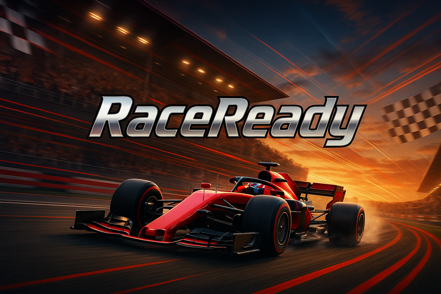 Create an image with an incredible Formula 1 atmosphere that in the middle says RaceReady